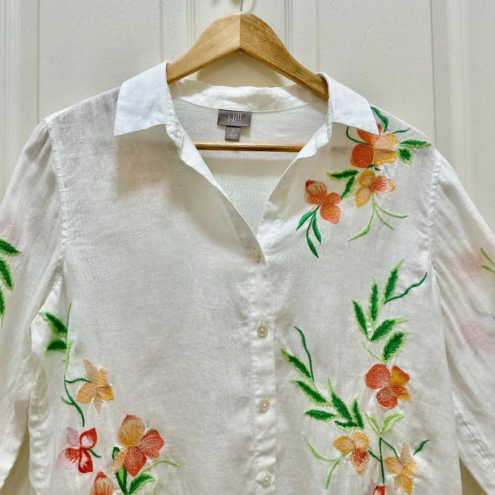 J.Jill 100% Linen Embroidery Shirt Blouse Women's Size S White Floral Button Up - Picture 2 of 16